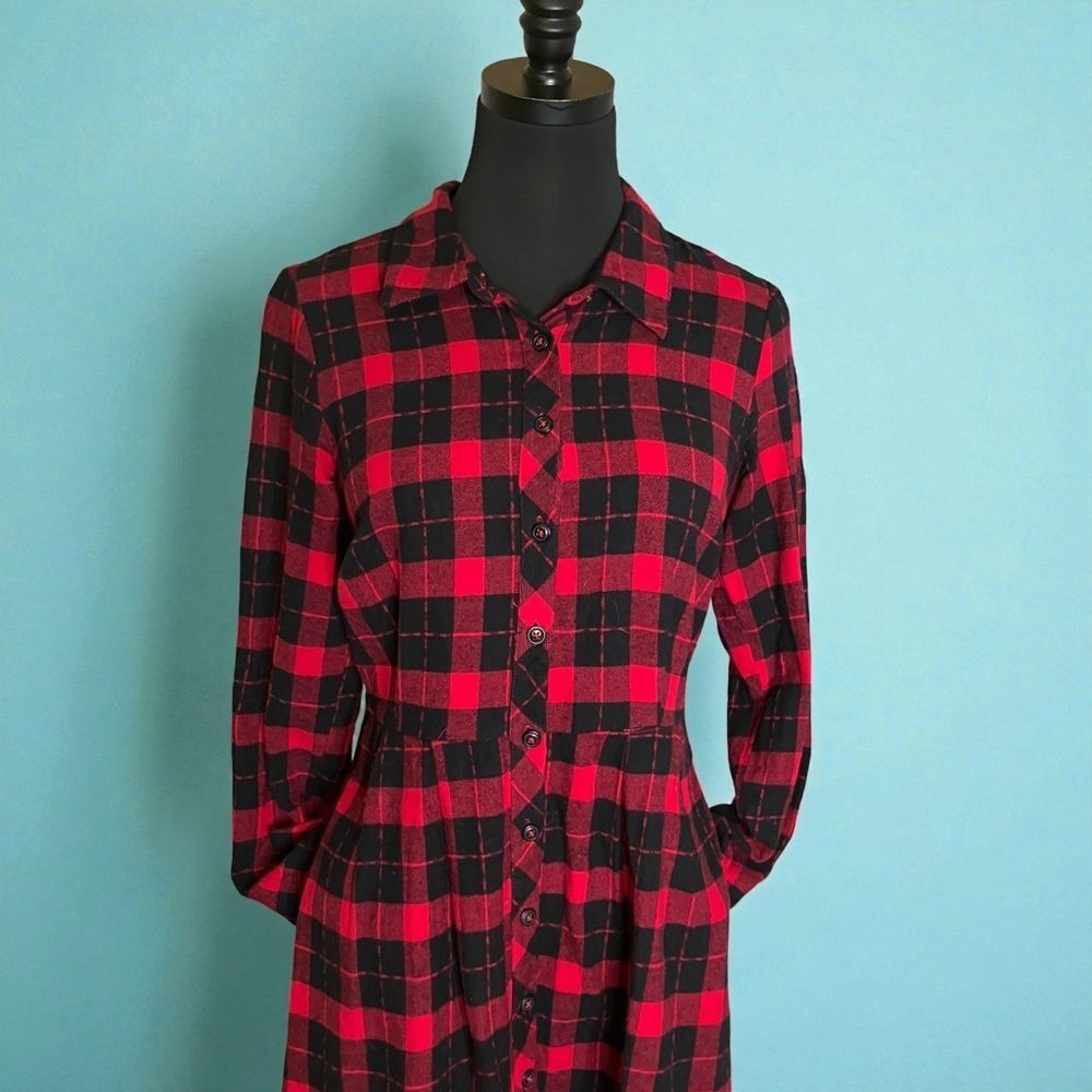 Modcloth Flannel Dress Red Cotton with Pockets Size 8